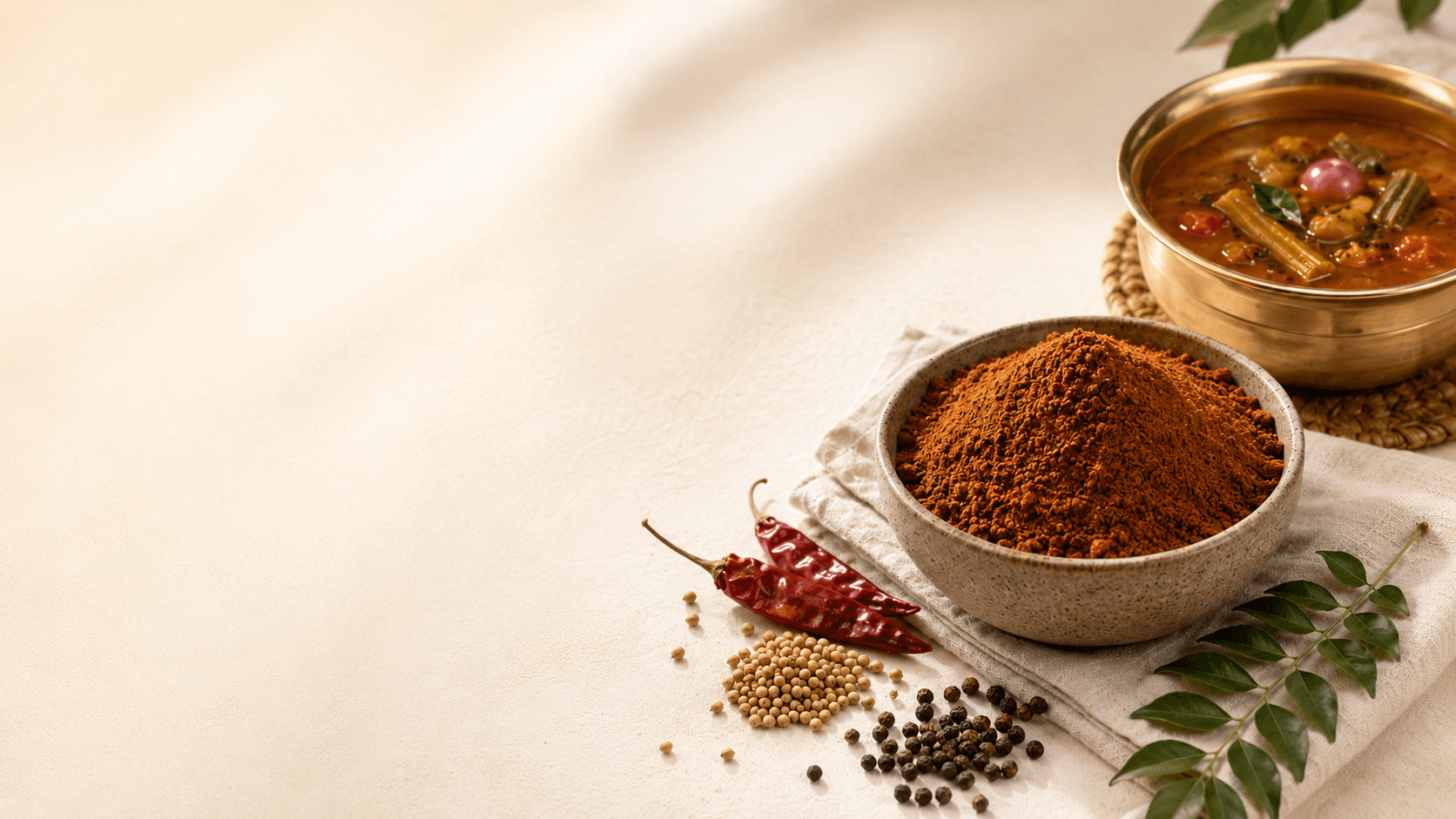 Freshly ground DH Masala arranged for a Tamil home kitchen